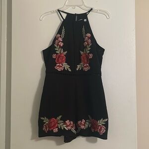 Rose Embroidered Black Romper